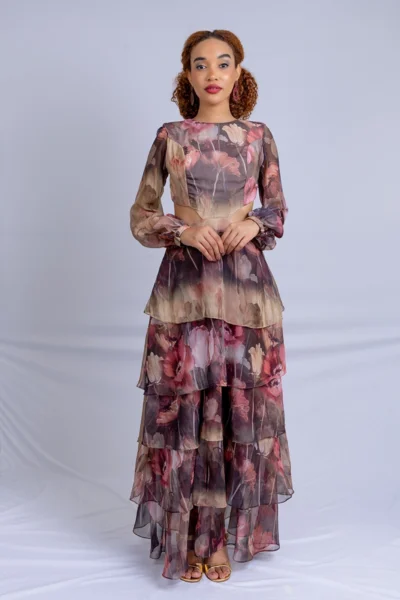 VESTIDO LONGO BABADOS MANGA CLARA