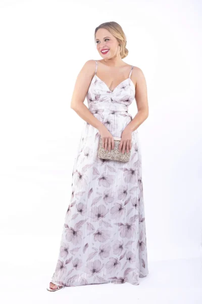 VESTIDO FIOS LUREX FLORES BEGE