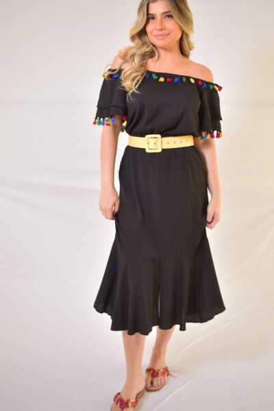 VESTIDO MIDI BABADOS POMPONS